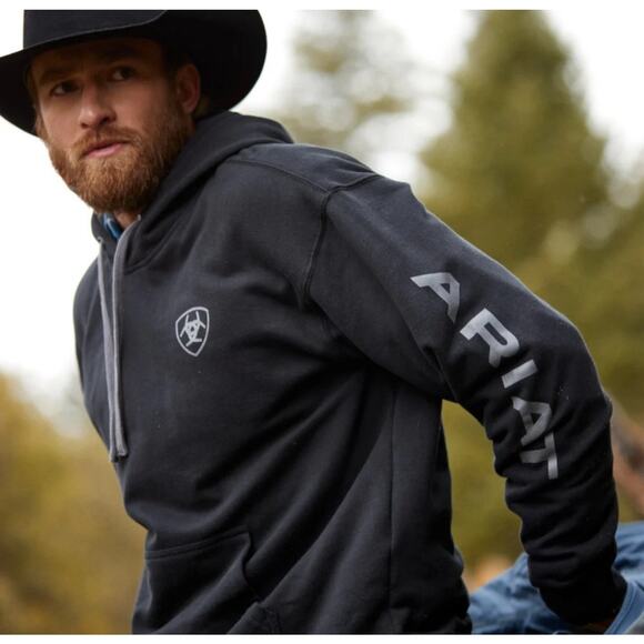 Ariat Sleeve Logo Hoodie Men 2XL Black Pullover Sweatshirt Country Rodeo Cowboy - Picture 8 of 8